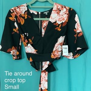 Floral zip up back tie around crop top